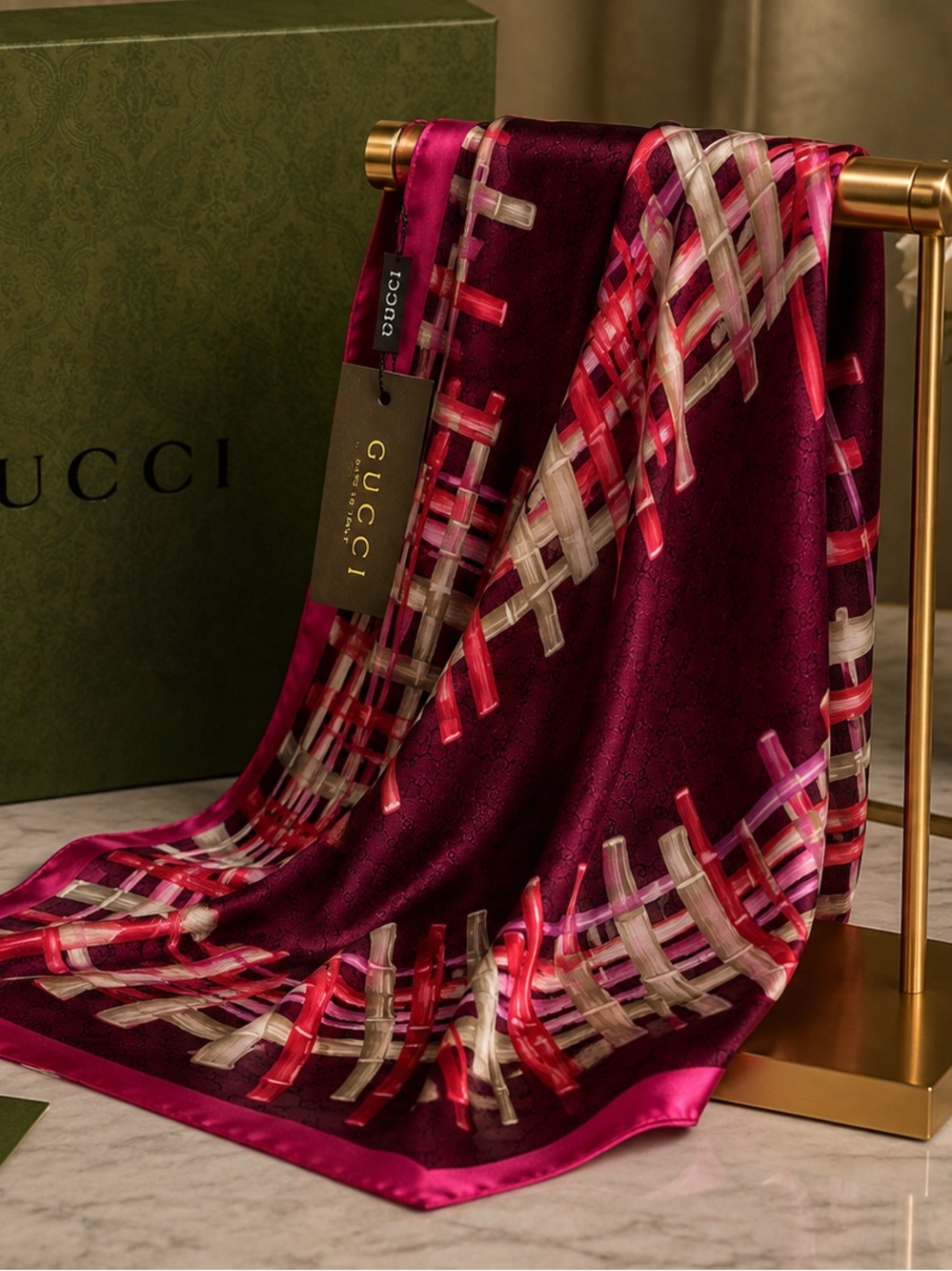 Luxury Fashion Fuchsia Hot Pink Silk Scarf with Woven Ribbon Design